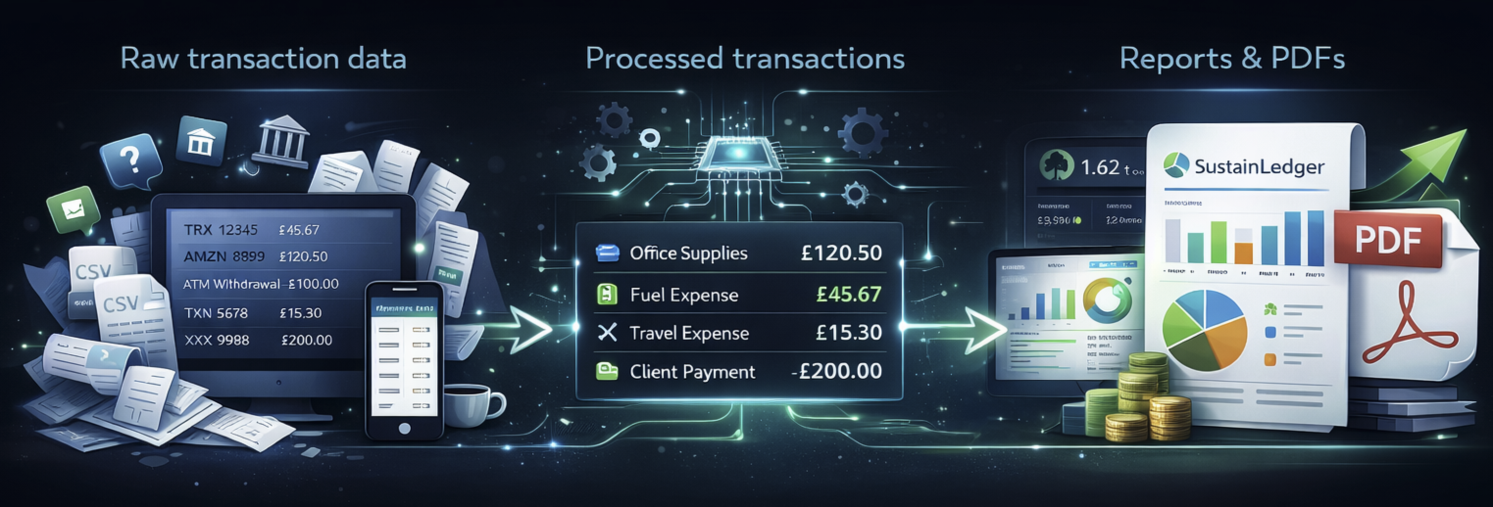 SustainLedger Processing Flow: Raw Transaction Data → Processed Transactions → Reports & PDFs